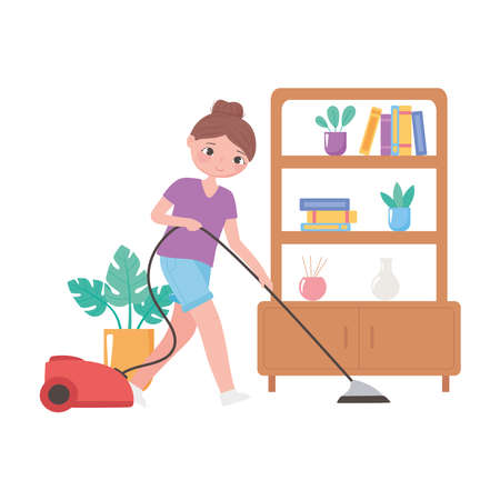 daily routine scene, girl cleaning with vacuum in the living room vector illustration vector illustrationのイラスト素材