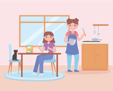 daily routine scene, woman and daughter eating healthy food of breakfast vector illustration vector illustrationのイラスト素材