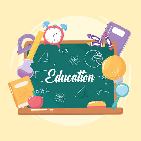 education blackboard clock book pencil apple school elementary cartoon icon vector illustrationのイラスト素材