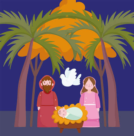 nativity, manger cute mary joseph baby and dove cartoon vector illustrationのイラスト素材