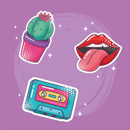pop art element sticker icon set, cactus, lips, cassette, vector illustrationのイラスト素材