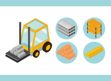 construction set icons with forklift wooden and shelf isometric vector illustration