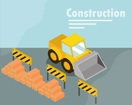 construction bulldozer barriers and pile bricks isometric vector illustration