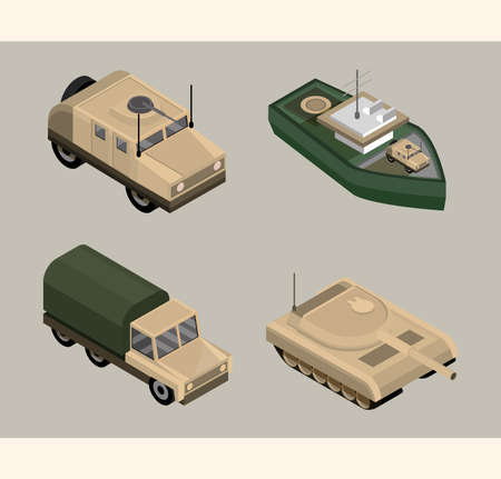 military icons set with warship, truck, and armored tank vector illustrationのイラスト素材