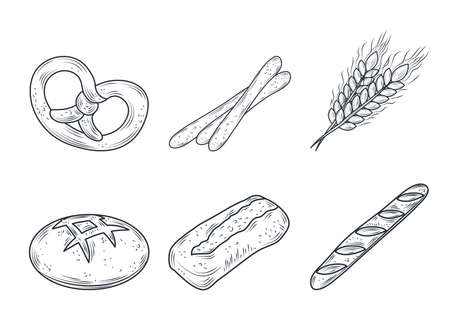 baked bread icon collection include pretzel, baguette, bun, isolated on white vector illustrationのイラスト素材