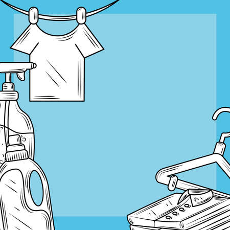 laundry hanging shirt spray detergetn and clothes blue background vector illustration line styleのイラスト素材