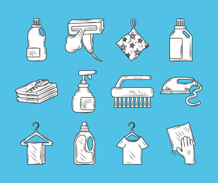 laundry pack icons include spray brush shirt detergent on blue background vector illustration line styleのイラスト素材