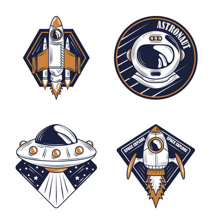space explorer astronaut helmet, UFO and spaceship design badge icons vector illustrationのイラスト素材