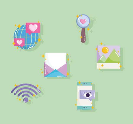 social media netwotk world internet smartphone email in cartoon style vector illustration