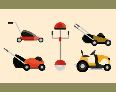 electric and manual lawn mowers equipment collection vector illustrationのイラスト素材