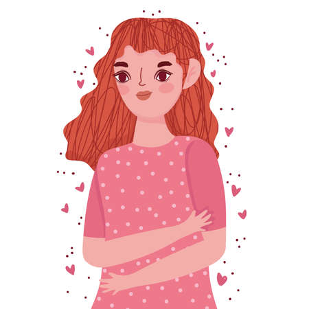 beautiful young woman portrait hearts love cartoon vector illustrationのイラスト素材