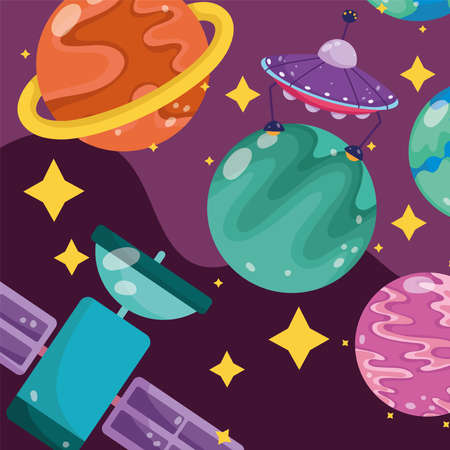 planet satellite ufo space galaxy astronomy in cartoon style vector illustrationのイラスト素材