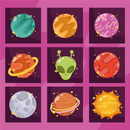solar system and alien space galaxy astronomy in cartoon style vector illustration