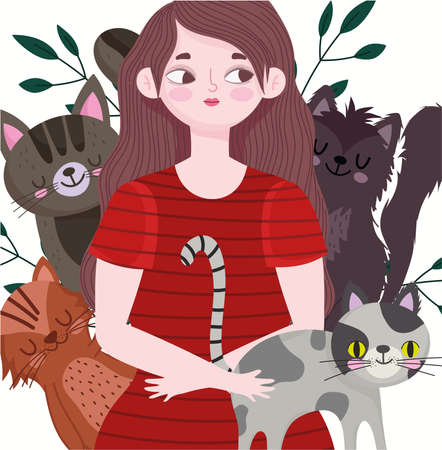 cute young woman with many cats pet animals cartoon vector illustrationのイラスト素材