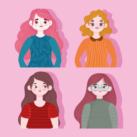 portrait young women cartoon characters on pink background vector illustrationのイラスト素材