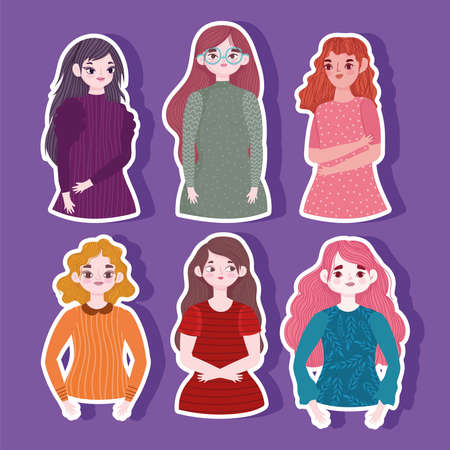 women portrait young cartoon characters stickers purple background vector illustrationのイラスト素材