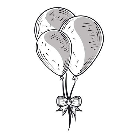 happy birthday balloons with bow celebration party, engraving style vector illustrationのイラスト素材