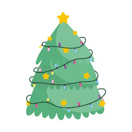 merry christmas, tree with golden stars and lights celebration icon isolation vector illustrationのイラスト素材