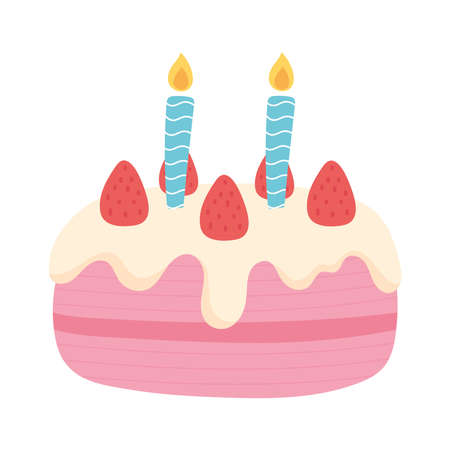 happy birthday cake with candles and fruits celebration party cartoon vector illustration