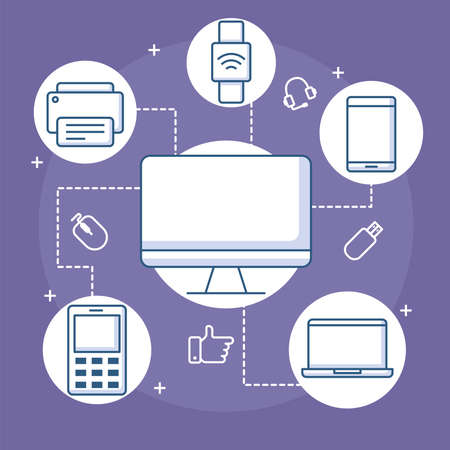 devices connection computer smart watch mobile printer and laptop vector illustration line styleのイラスト素材