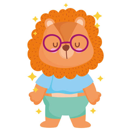 cute little lion with glasses and clothes cartoon vector illustrationのイラスト素材