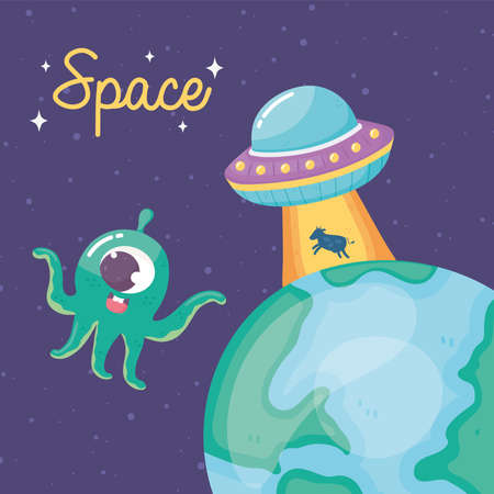 ufo abducts cow and alien space galaxy cartoon vector illustration