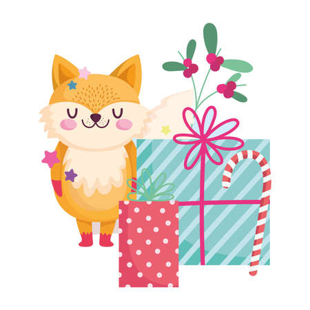 merry christmas, cute fox with candy cane and gifts celebration icon isolation vector illustrationのイラスト素材