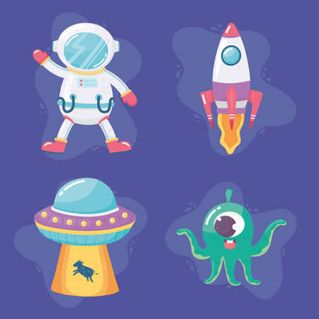 spaceship astronaut spaceship alein and ufo space galaxy astronomy cartoon vector illustration