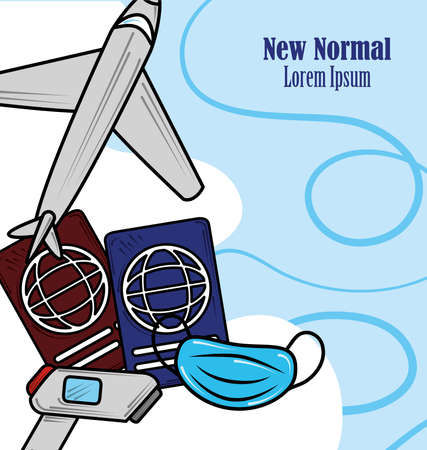 new normal, safe travel in airplane wearing mask, after coronavirus covid 19 vector illustrationのイラスト素材