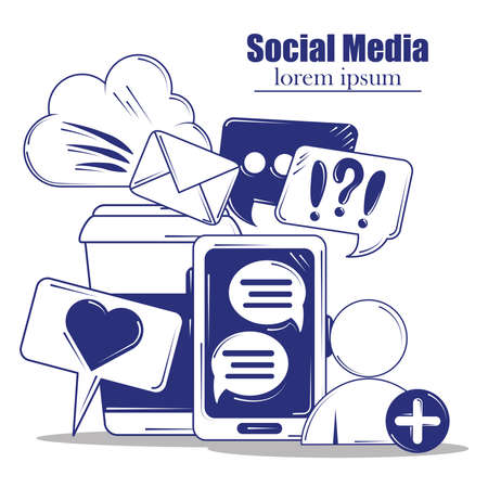 social media, smartphone email cloud computing blue line fill style vector illustrationのイラスト素材