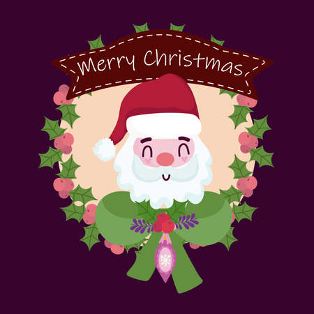 merry christmas wreath cute santa claus bow ribbon and holly berry vector illustrationのイラスト素材