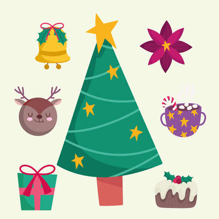 merry christmas tree bell flower deer gift and cake decoration and celebration icons vector illustrationのイラスト素材