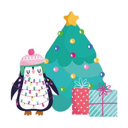 merry christmas, penguin with tree and gifts celebration icon isolation vector illustrationのイラスト素材