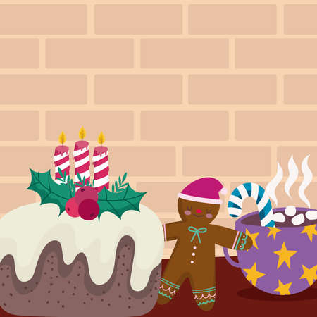 merry christmas cake with candle gingerbread man and chocolate cup vector illustrationのイラスト素材