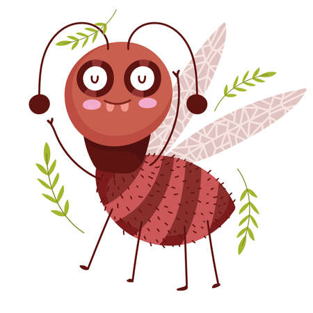 funny bug animal and branches nature in cartoon style vector illustrationのイラスト素材