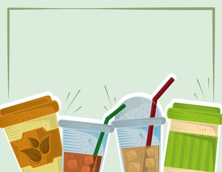tea plastic disposable cups with ice and straw card vector illustrationのイラスト素材