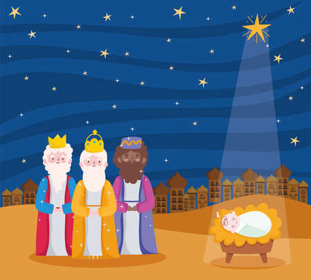 nativity, manger three wise kings and baby jesus with star cartoon vector illustrationのイラスト素材