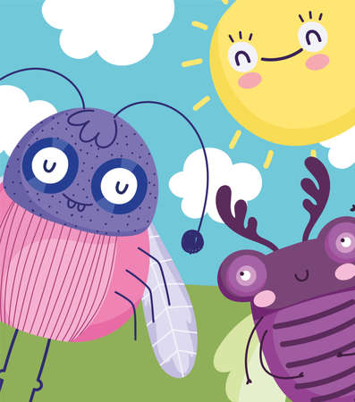 cute bugs animals in the landscape nature cartoon design vector illustrationのイラスト素材