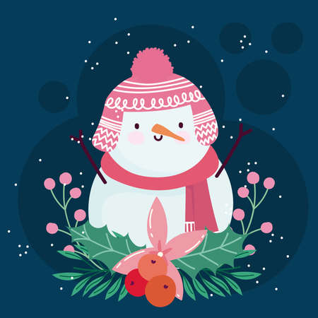 merry christmas cute snowman flower banches decoration vector illustrationのイラスト素材