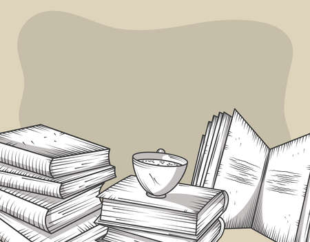 books in stack with coffee cup encyclopedia and literature vector illustration engraving styleのイラスト素材