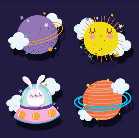 space adventure galaxy cartoon in style icons set planet ufo sun and rabbit vector illustrationのイラスト素材