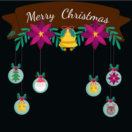 merry christmas ribbon with hanging snowballs with tree santa star deer decoration vector illustrationのイラスト素材