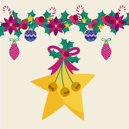 merry christmas golden star garland holly and balls vector illustrationのイラスト素材