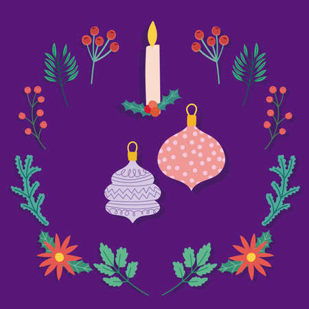 merry christmas candle with balls branches berries decoration purple background vector illustrationのイラスト素材