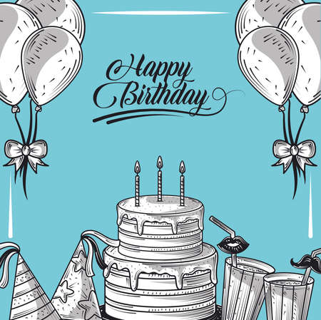 happy birthday cake with candle balloons hat and drinks party, engraving style blue background vector illustrationのイラスト素材