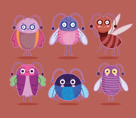 cute bugs insects animal in cartoon style icons set vector illustrationのイラスト素材