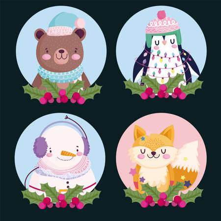 merry christmas, bear penguin snowman and fox holly berry round icons vector illustrationのイラスト素材