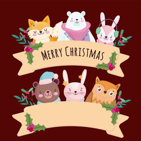 merry christmas, greeting card cute animals with ribbon and holly berry vector illustrationのイラスト素材