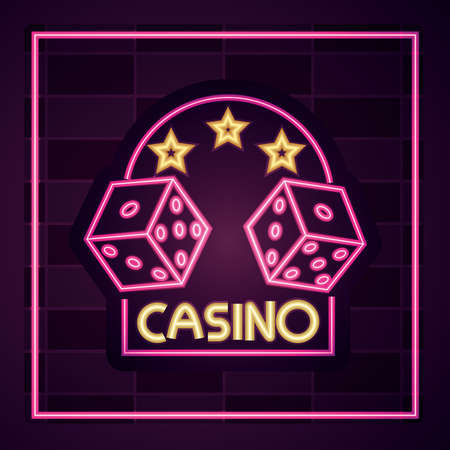 casino, dices gambling banner neon sign on brick wall vector illustrationのイラスト素材