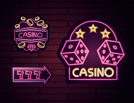 casino, gambling night bright advertising neon sign set vector illustrationのイラスト素材